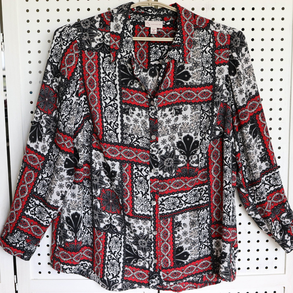 db established 1962 Womens SIZE 1X Black Red Button Up Roll Sleeve Shirt